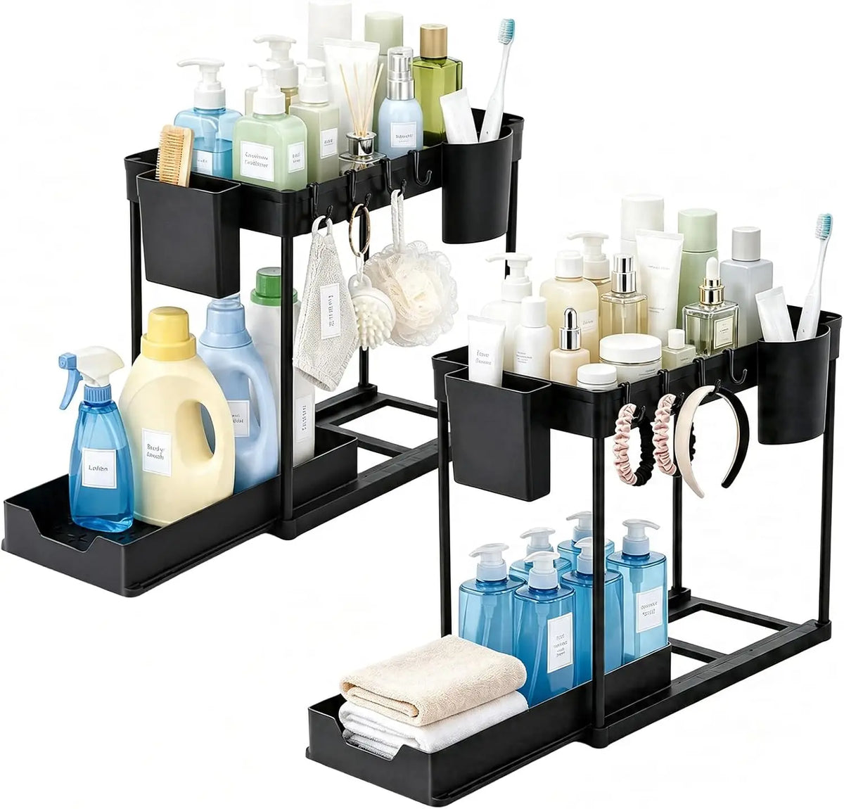 Two Tier Pull Out Under Sink Cabinet Organizer With Hooks