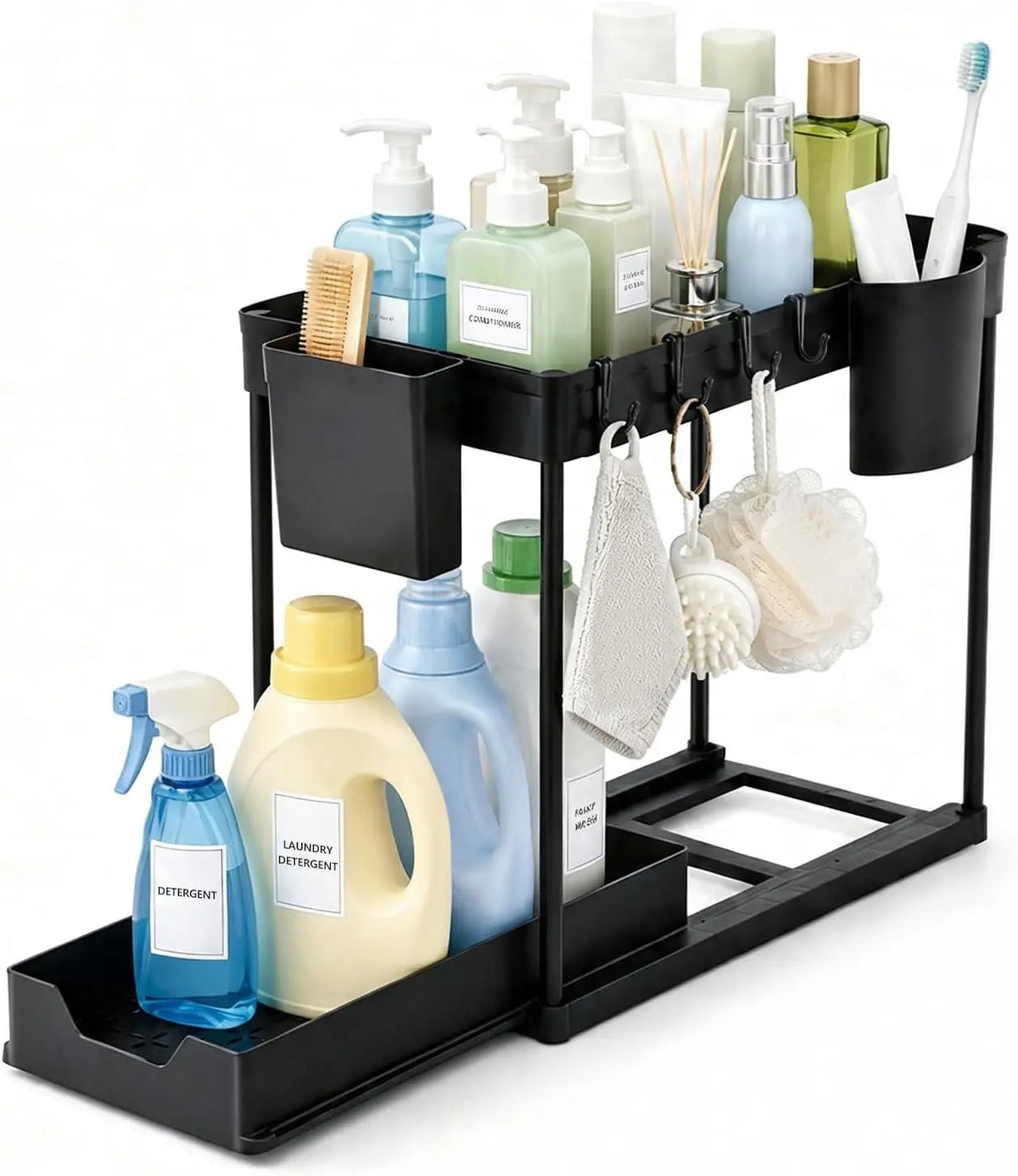 Two Tier Pull Out Under Sink Cabinet Organizer With Hooks
