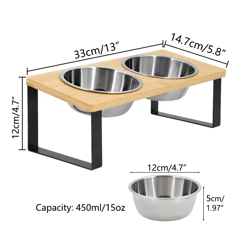 Raised Cat Bowls With Tilted Wooden Stand And Steel Bowls