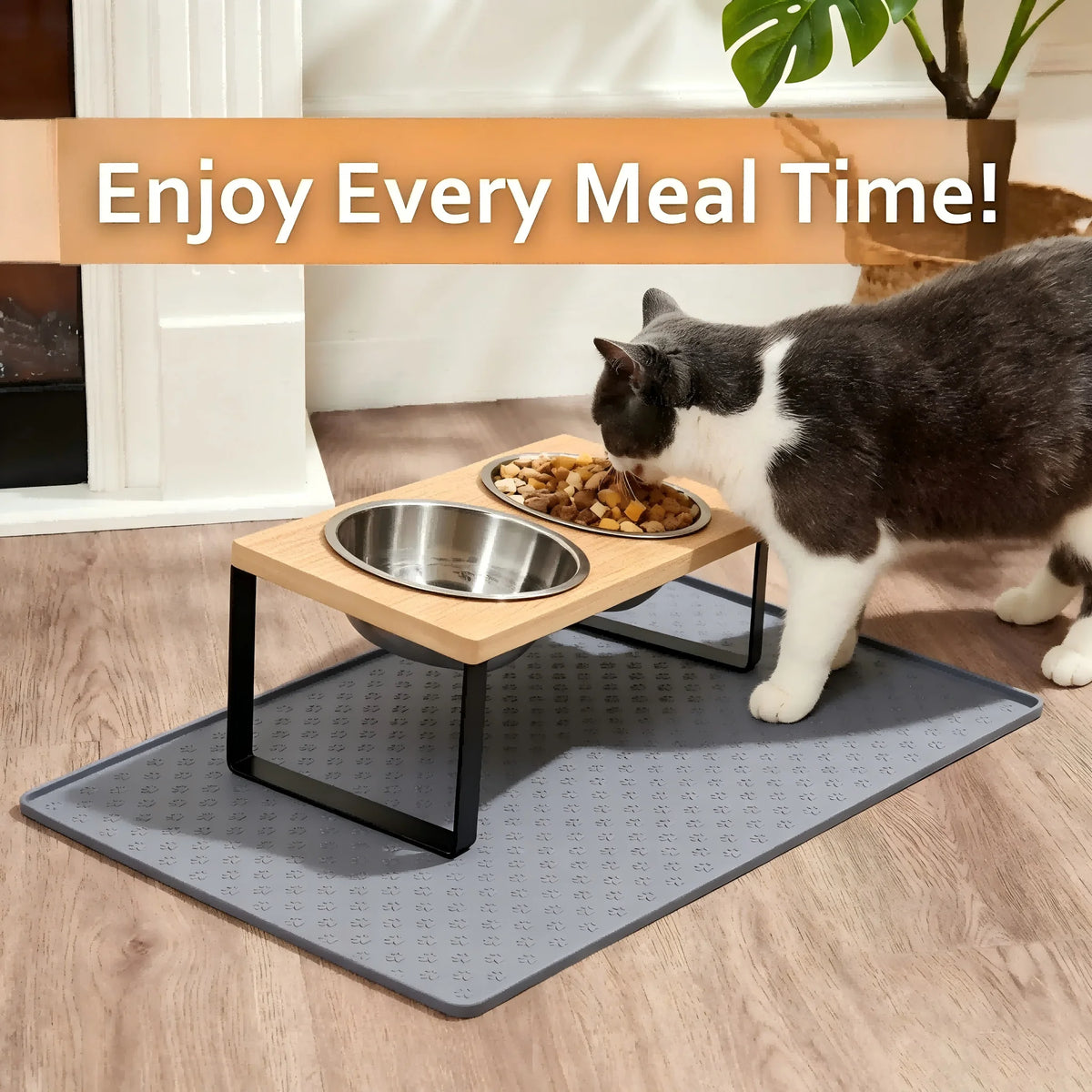 Raised Cat Bowls With Tilted Wooden Stand And Steel Bowls