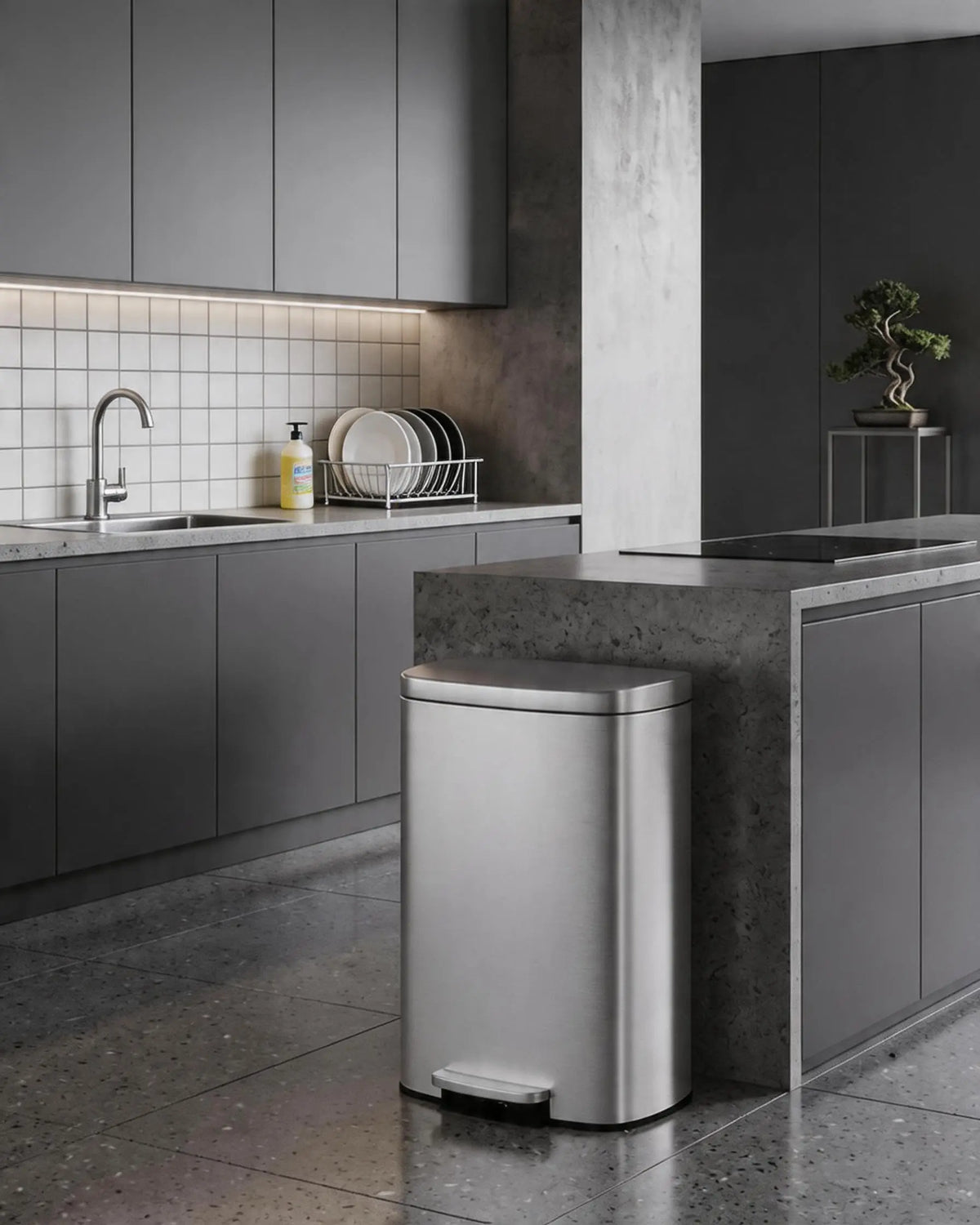 Stainless Steel Step On Trash Can With Soft Close Lid
