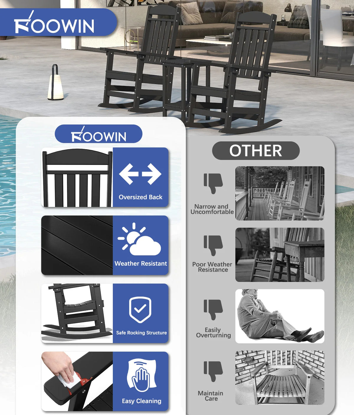 FOOWIN High Back Outdoor HDPE Patio Rocking Chair for Garden Furniture
