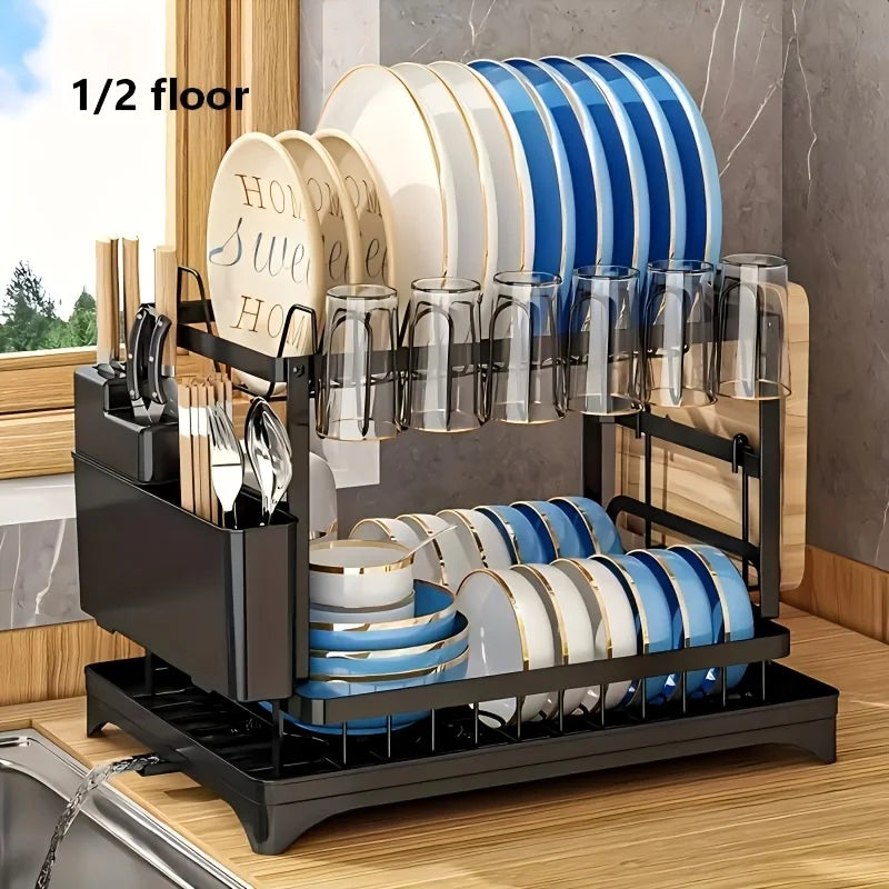 Metal Two Tier Dish Drying Rack With Drainboard For Kitchen