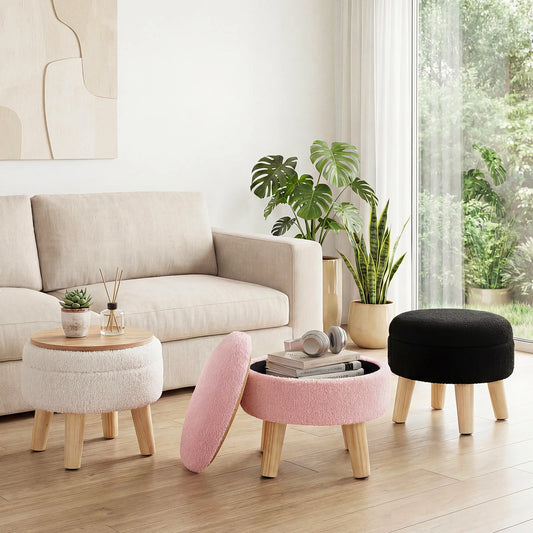 JHK Round Teddy Velvet Storage Ottoman Stool With Hidden Storage