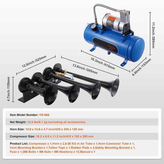 SucceBuy Four Trumpet Train Air Horn Kit With Compressor