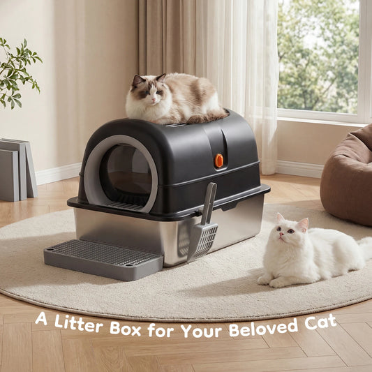 Stainless Steel Enclosed Cat Litter Box With Scoop And Mat Included