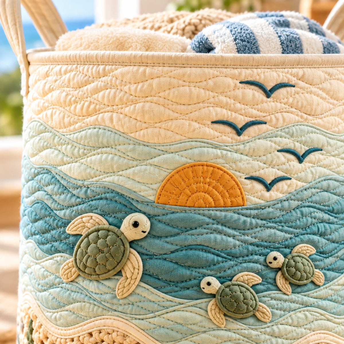 Collapsible Quilted Laundry Hamper With Handles And Ocean Turtle Pattern