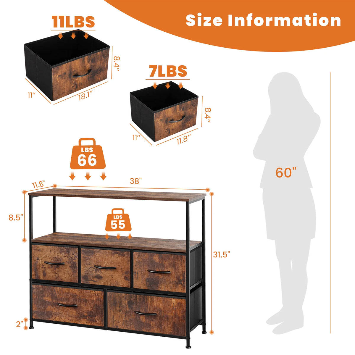 JHK Shoe Cabinet With Five Fabric Drawers And TV Stand