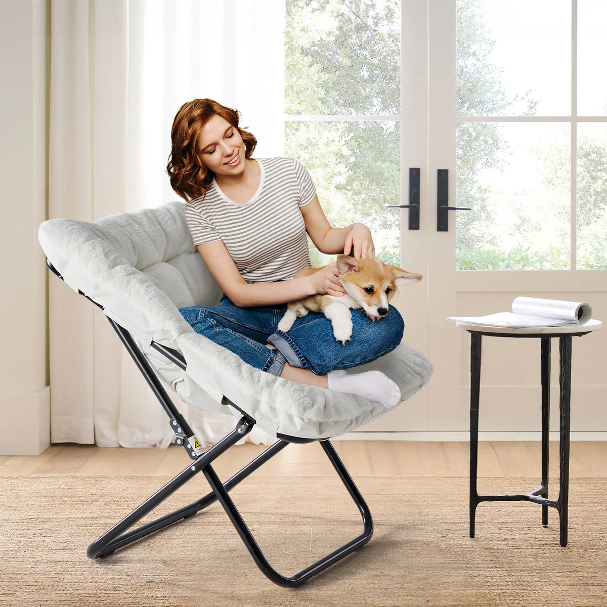 JHK Cozy Faux Fur Folding Saucer Chair With Metal Frame