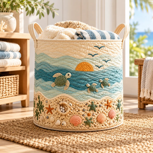 Collapsible Quilted Laundry Hamper With Handles And Ocean Turtle Pattern