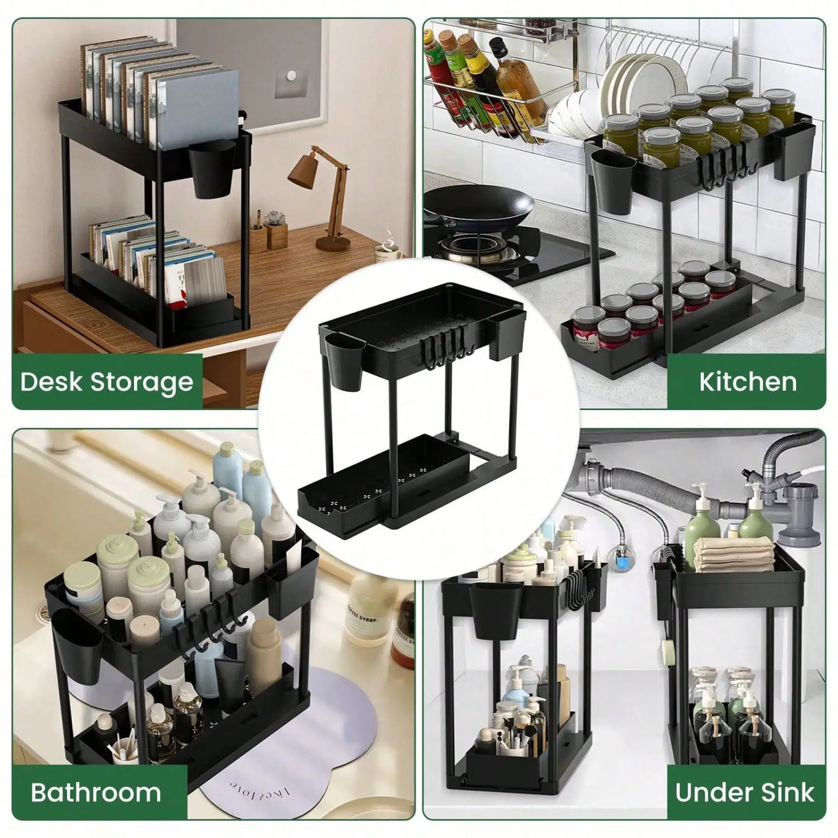 Two Tier Pull Out Under Sink Cabinet Organizer With Hooks