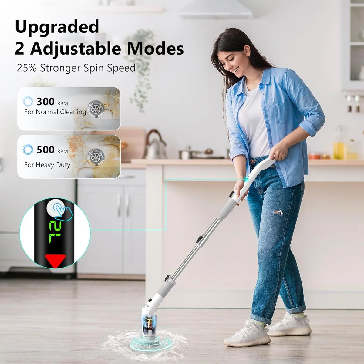 Cordless Electric Spin Scrubber With Brush Heads And Extension Arm