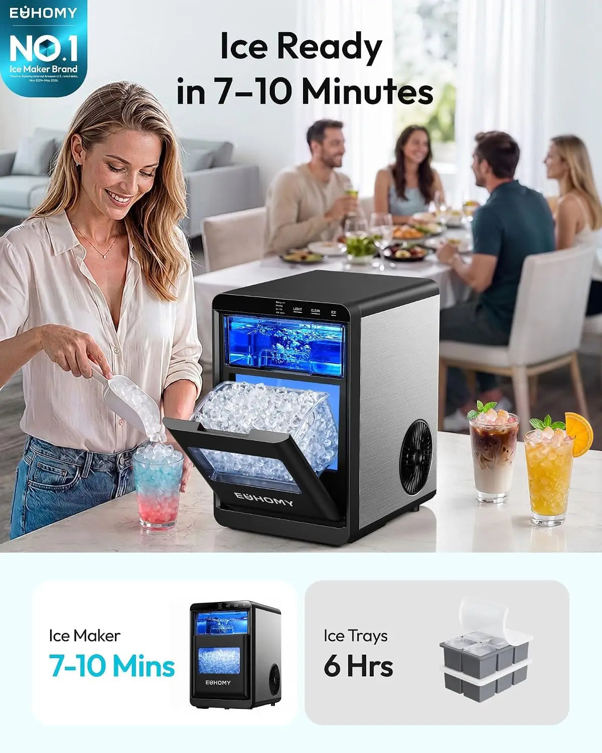 Countertop Nugget Ice Maker With Self Cleaning Function and Scoop