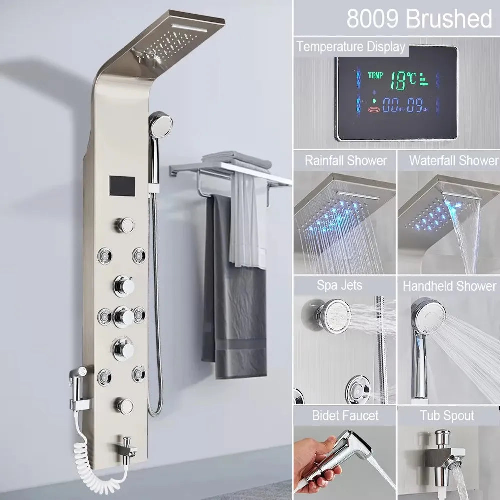 MYQualife LED Rainfall Waterfall Shower Panel With Triple Handle Control