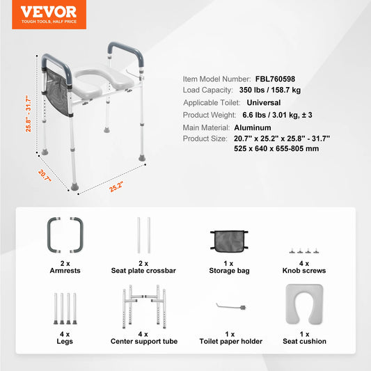 SucceBuy Adjustable Raised Toilet Seat With Padded Aluminum Support Frame