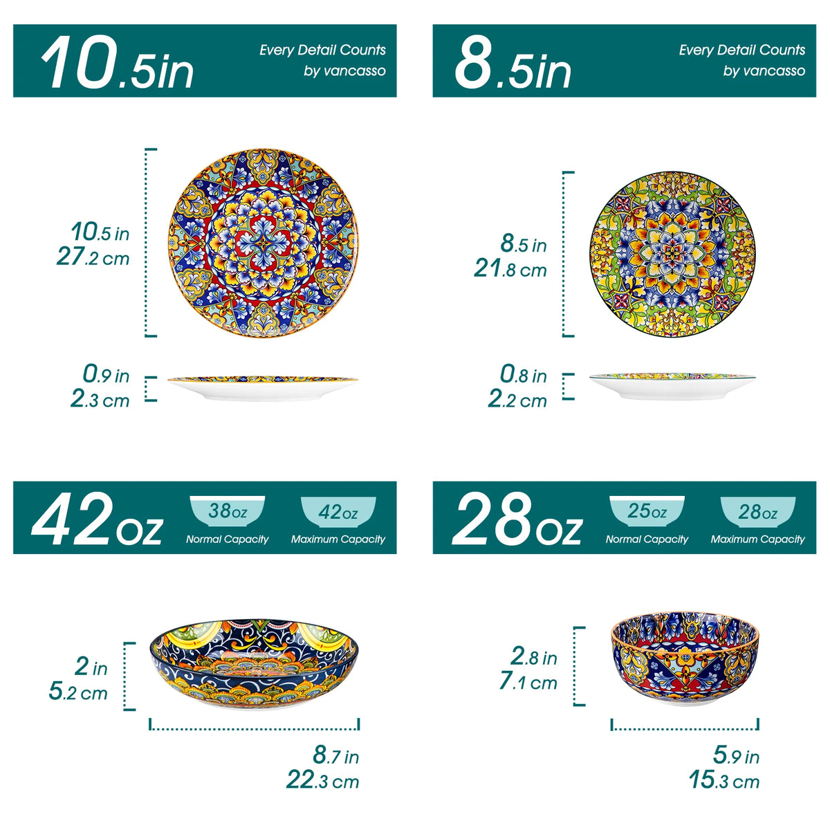 Vancasso 24 Piece Dinnerware Sets Bohemian Style Porcelain Ceramic Plates Set with 6PCS Dinner Plate/Dessert Plate/Soup/Bowl