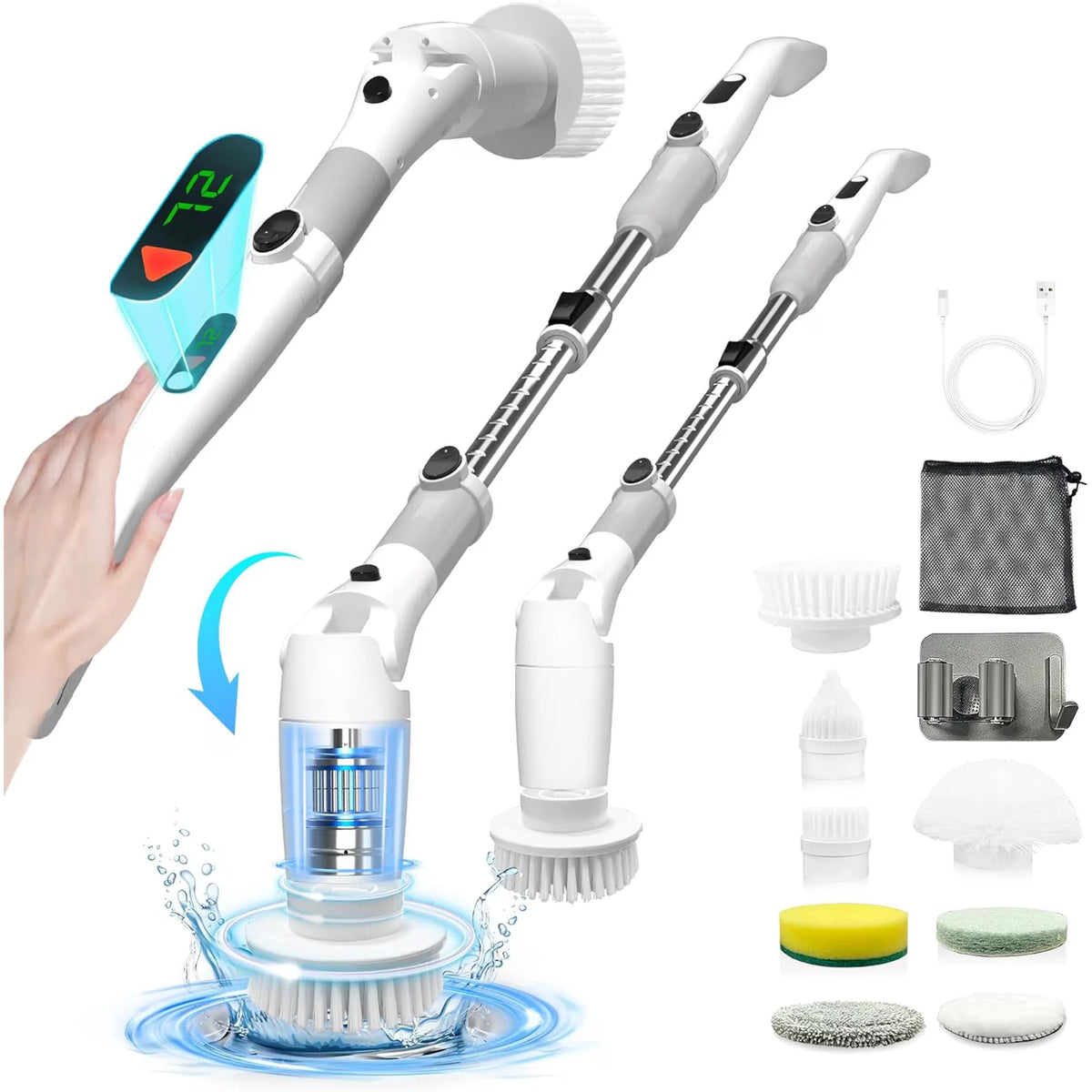 Cordless Electric Spin Scrubber With Brush Heads And Extension Arm