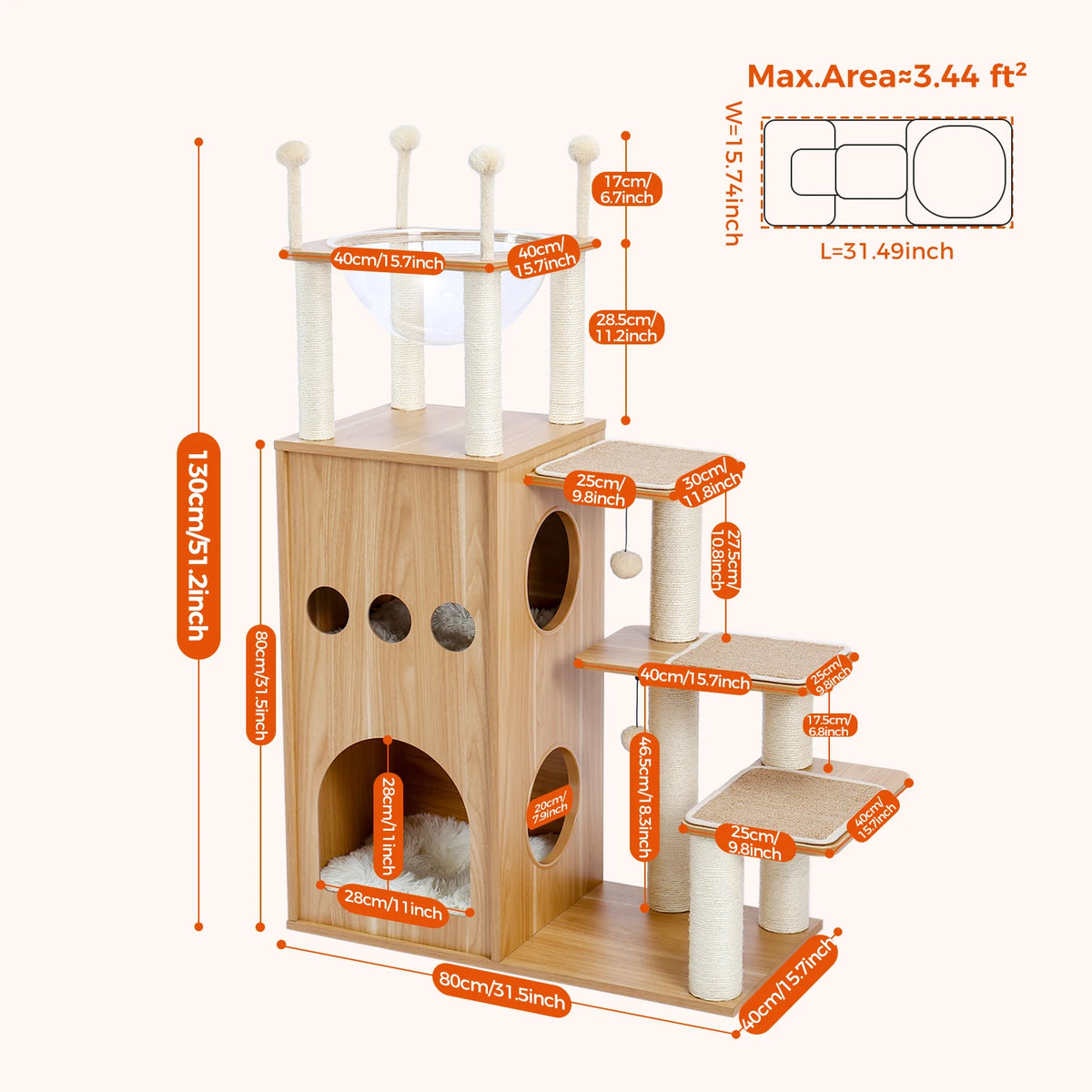 PAWZ Ro Multi-Level Wooden Cat Tree With Condo And Hammock