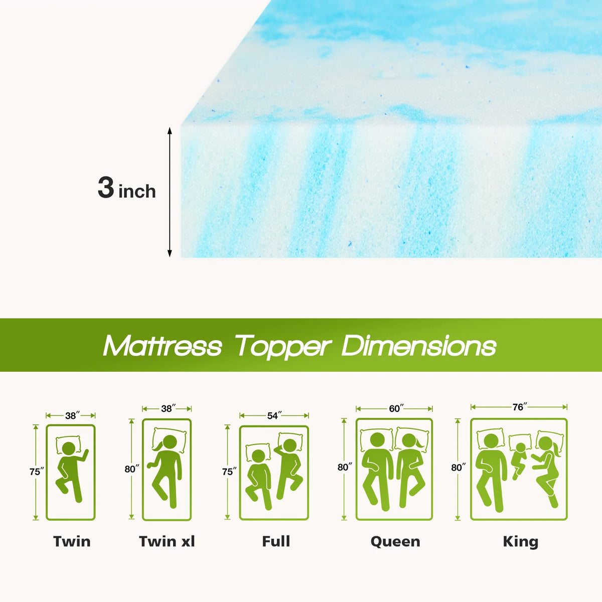 JHK Gel Cooling Memory Foam Mattress Topper for Breathable Comfort