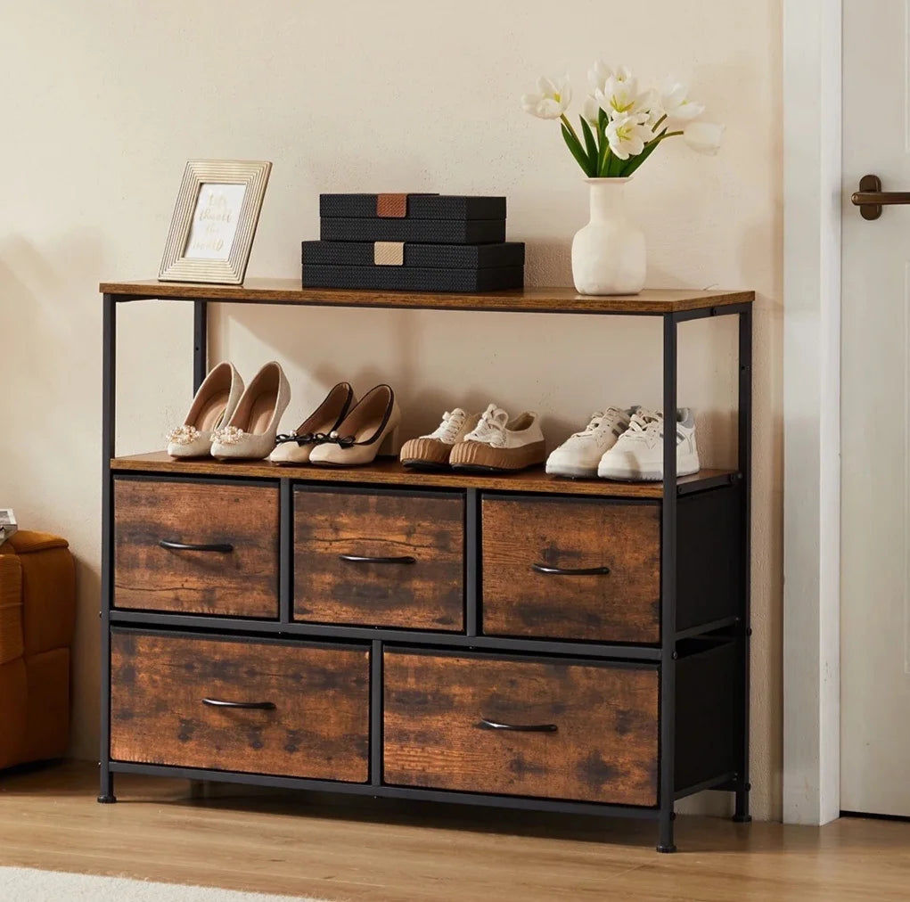 JHK Shoe Cabinet With Five Fabric Drawers And TV Stand