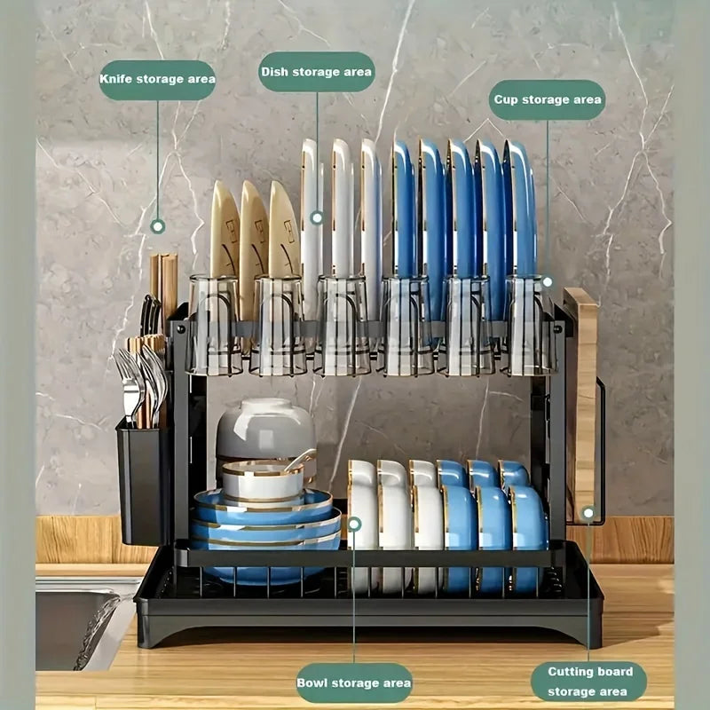 Metal Two Tier Dish Drying Rack With Drainboard For Kitchen