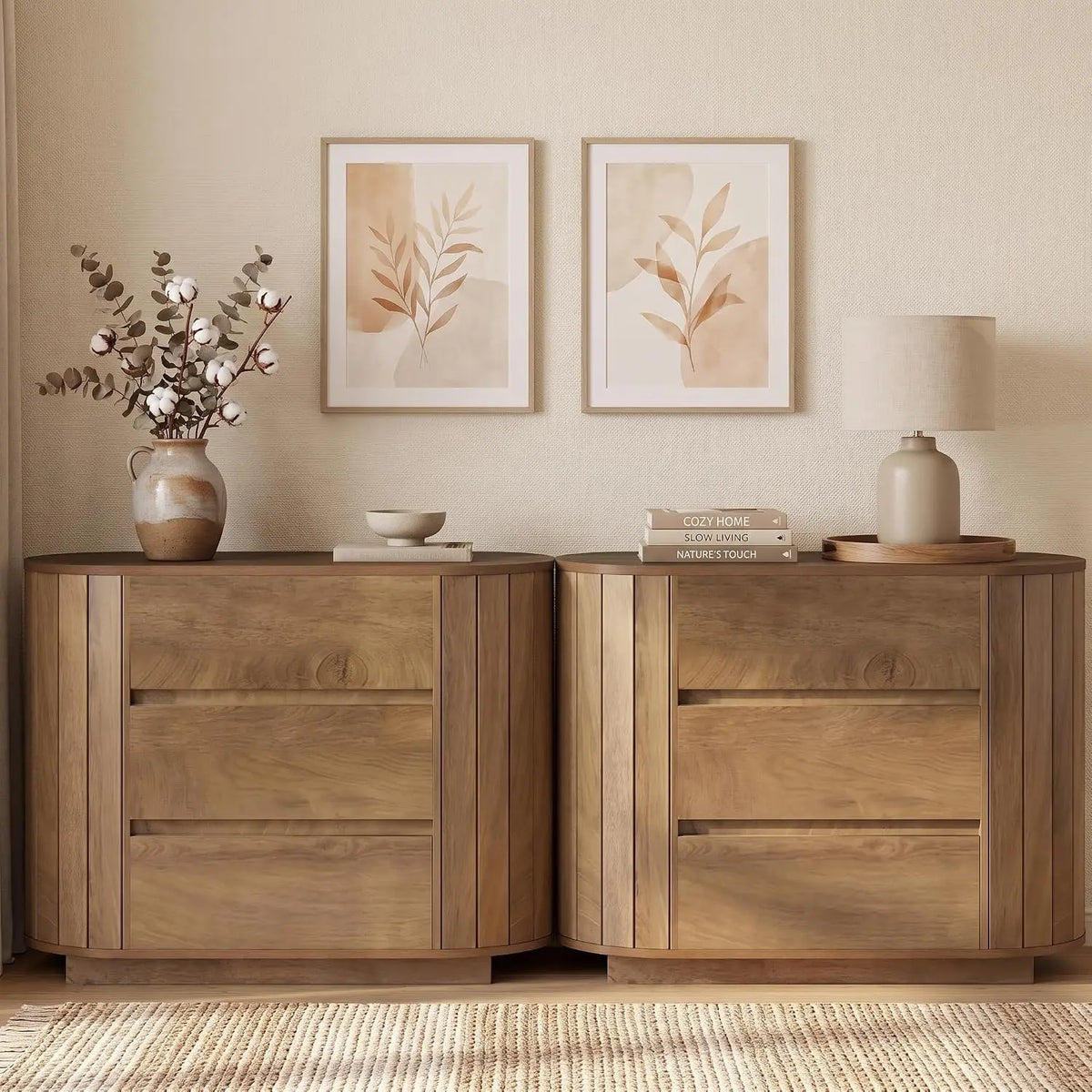 Novilla Modern Nightstand Set with Three Drawers and Slatted Design