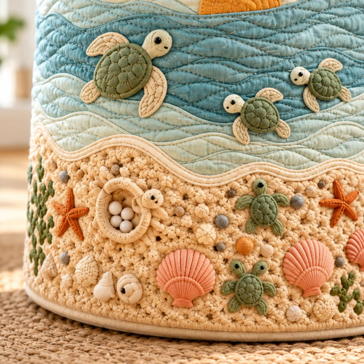 Collapsible Quilted Laundry Hamper With Handles And Ocean Turtle Pattern