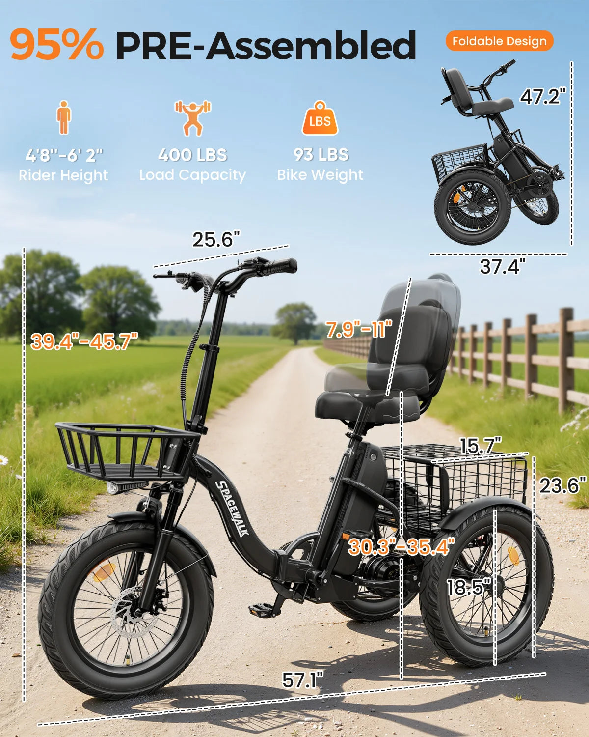 EILLEO SPACEWALK 1200W Peak Electric Tricycle With Rear Cargo Basket