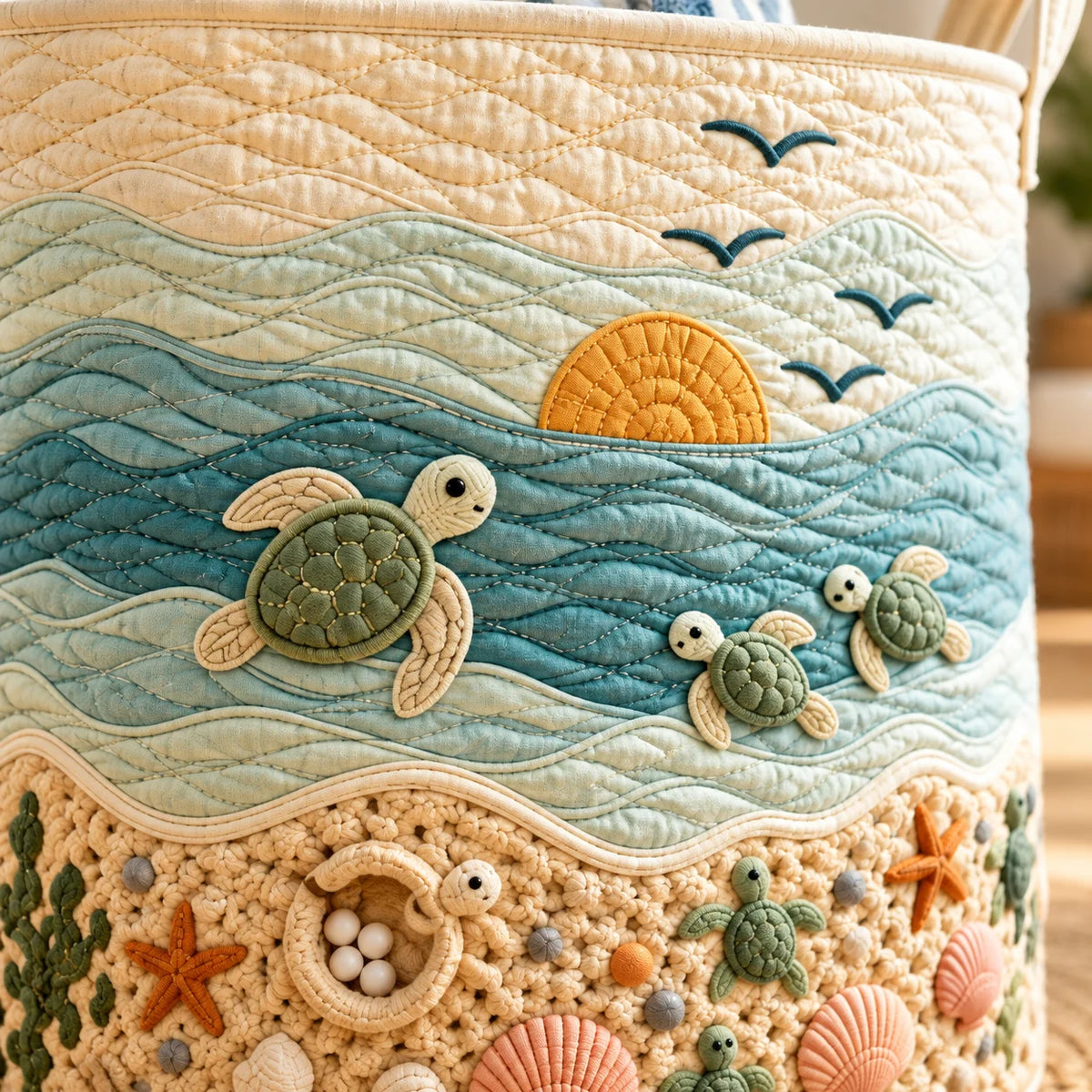 Collapsible Quilted Laundry Hamper With Handles And Ocean Turtle Pattern