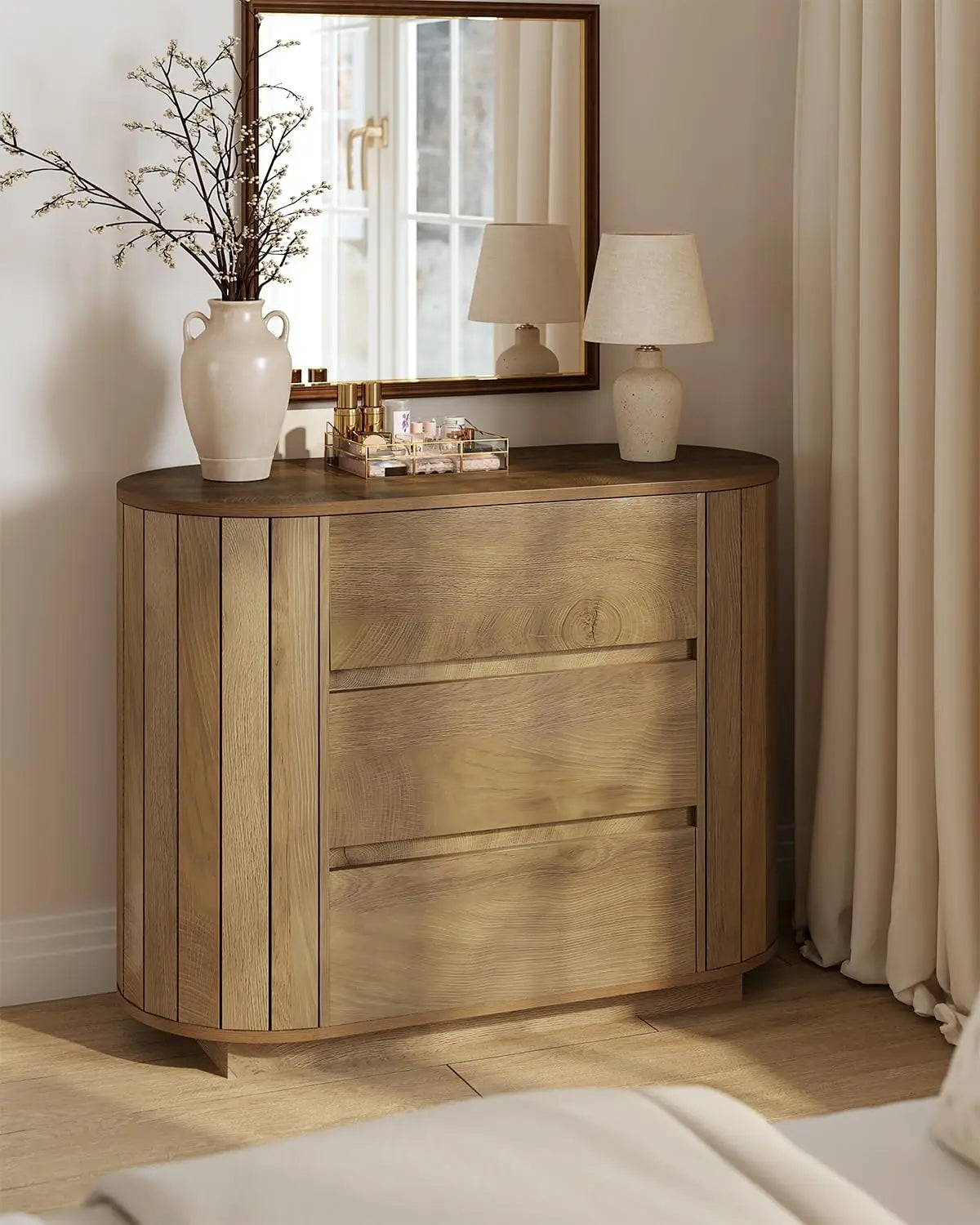 Novilla Modern Nightstand Set with Three Drawers and Slatted Design