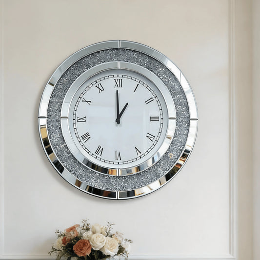 Large Wall Clock Silver Tawny Tinted Crushed Diamond Inlay Clock 60CM Round Decorative Mirrored Clock